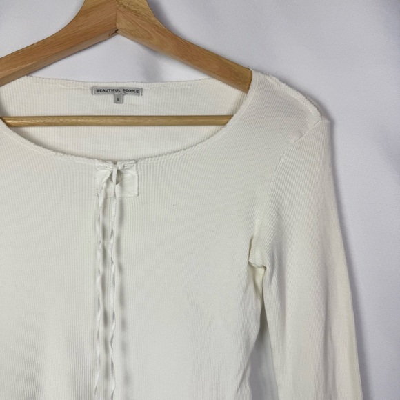 Beautiful People White Tie Neck Ribbed Long Sleeve Top S - Picture 4 of 4
